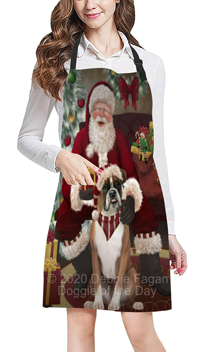 Santa's Christmas Surprise Boxer Dog Apron - Adjustable Long Neck Bib for Adults - Waterproof Polyester Fabric With 2 Pockets - Chef Apron for Cooking, Dish Washing, Gardening, and Pet Grooming