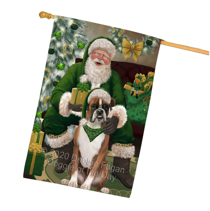 Christmas Irish Santa with Gift and Boxer Dog House Flag FLG66683