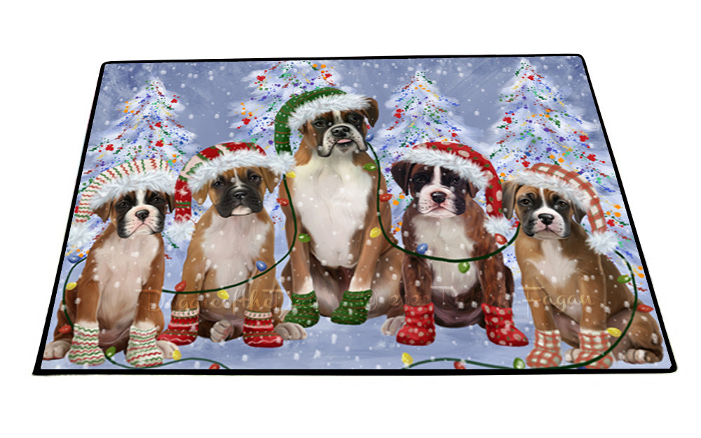 Christmas Lights and Boxer Dogs Floor Mat- Anti-Slip Pet Door Mat Indoor Outdoor Front Rug Mats for Home Outside Entrance Pets Portrait Unique Rug Washable Premium Quality Mat
