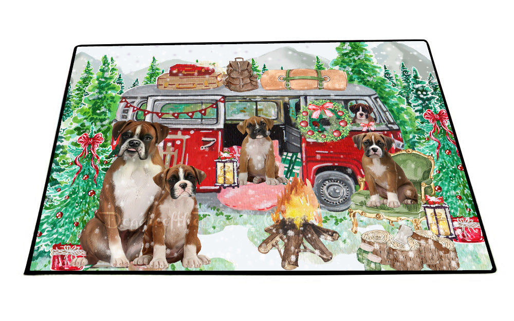 Christmas Time Camping with Boxer Dogs Floor Mat- Anti-Slip Pet Door Mat Indoor Outdoor Front Rug Mats for Home Outside Entrance Pets Portrait Unique Rug Washable Premium Quality Mat