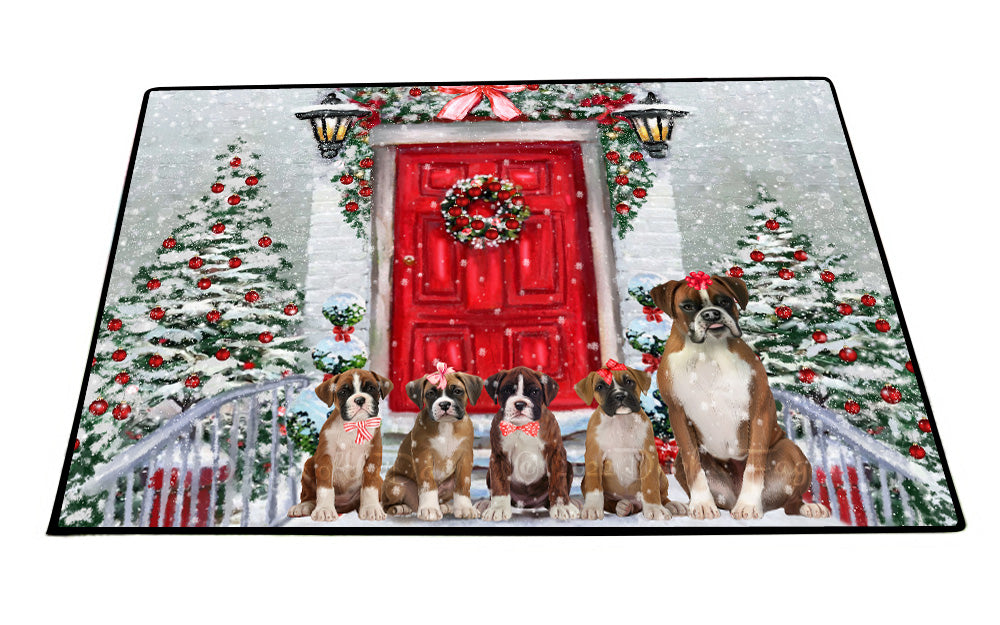 Christmas Holiday Welcome Boxer Dogs Floor Mat- Anti-Slip Pet Door Mat Indoor Outdoor Front Rug Mats for Home Outside Entrance Pets Portrait Unique Rug Washable Premium Quality Mat