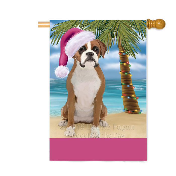 Personalized Summertime Happy Holidays Christmas Boxer Dog on Tropical Island Beach Custom House Flag FLG-DOTD-A60482
