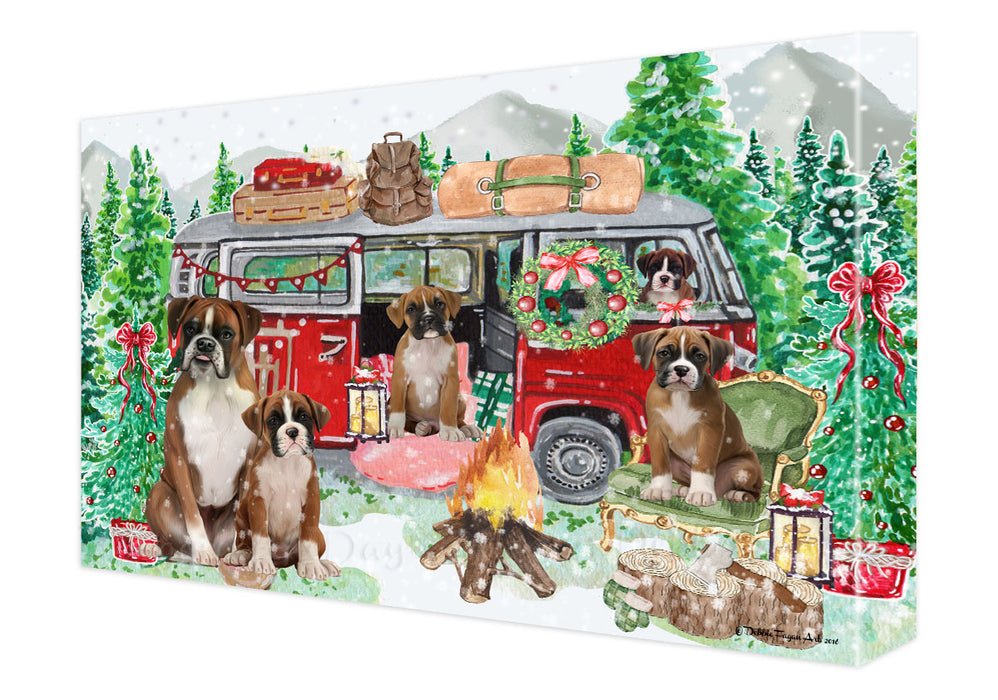 Christmas Time Camping with Boxer Dogs Canvas Wall Art - Premium Quality Ready to Hang Room Decor Wall Art Canvas - Unique Animal Printed Digital Painting for Decoration