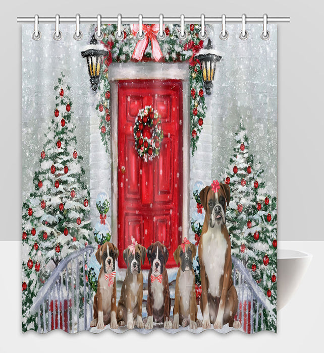 Christmas Holiday Welcome Boxer Dogs Shower Curtain Pet Painting Bathtub Curtain Waterproof Polyester One-Side Printing Decor Bath Tub Curtain for Bathroom with Hooks