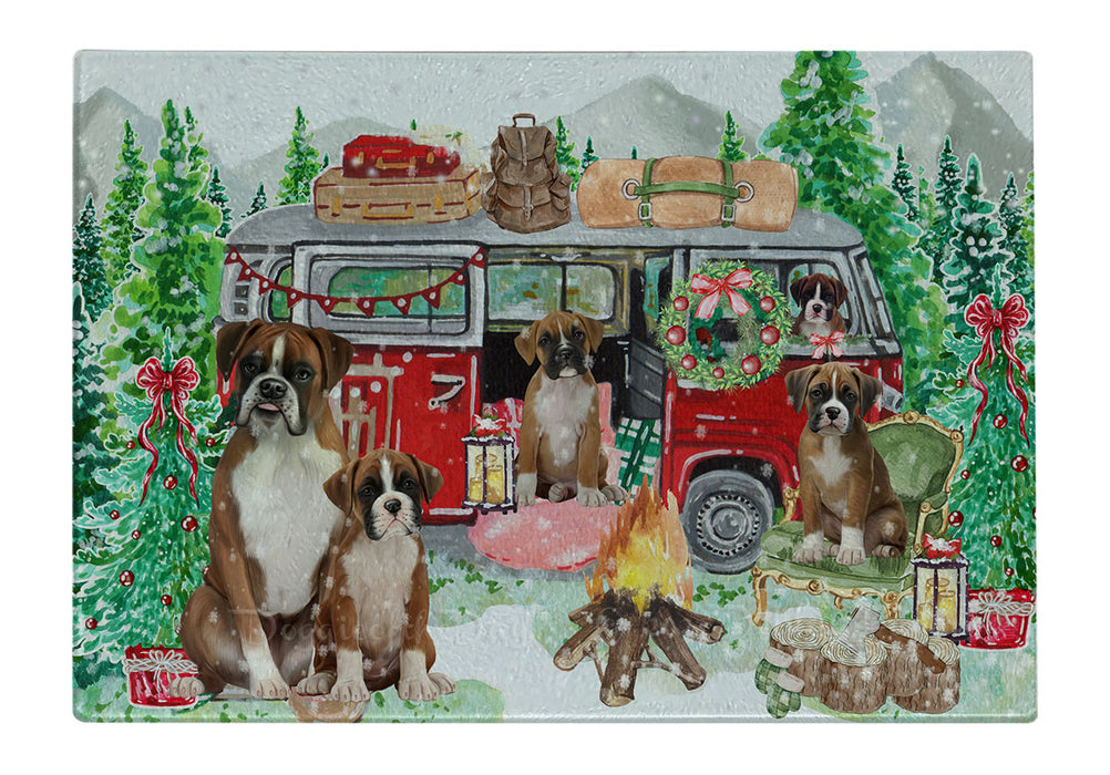 Christmas Time Camping with Boxer Dogs Cutting Board - For Kitchen - Scratch & Stain Resistant - Designed To Stay In Place - Easy To Clean By Hand - Perfect for Chopping Meats, Vegetables