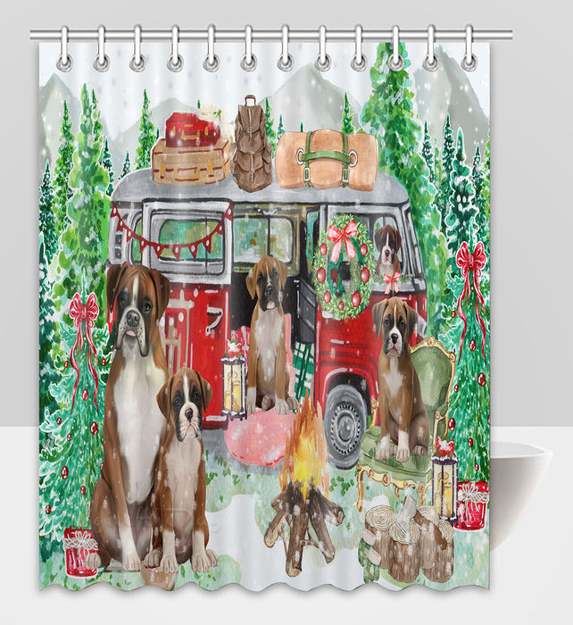 Christmas Time Camping with Boxer Dogs Shower Curtain Pet Painting Bathtub Curtain Waterproof Polyester One-Side Printing Decor Bath Tub Curtain for Bathroom with Hooks