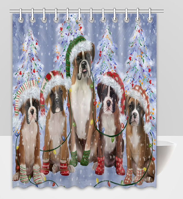 Christmas Lights and Boxer Dogs Shower Curtain Pet Painting Bathtub Curtain Waterproof Polyester One-Side Printing Decor Bath Tub Curtain for Bathroom with Hooks