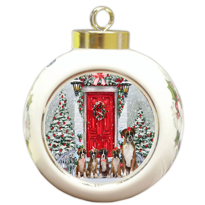 Christmas Holiday Welcome Boxer Dogs Round Ball Christmas Ornament Pet Decorative Hanging Ornaments for Christmas X-mas Tree Decorations - 3" Round Ceramic Ornament