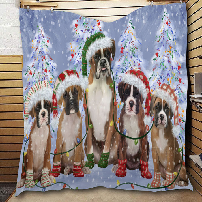 Christmas Lights and Boxer Dogs  Quilt Bed Coverlet Bedspread - Pets Comforter Unique One-side Animal Printing - Soft Lightweight Durable Washable Polyester Quilt