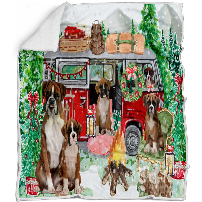 Christmas Time Camping with Boxer Dogs Blanket - Lightweight Soft Cozy and Durable Bed Blanket - Animal Theme Fuzzy Blanket for Sofa Couch
