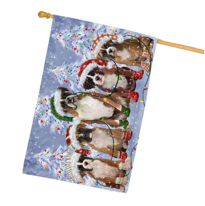 Christmas Lights and Boxer Dogs House Flag Outdoor Decorative Double Sided Pet Portrait Weather Resistant Premium Quality Animal Printed Home Decorative Flags 100% Polyester