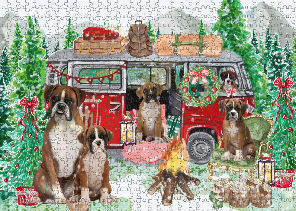 Christmas Time Camping with Boxer Dogs Portrait Jigsaw Puzzle for Adults Animal Interlocking Puzzle Game Unique Gift for Dog Lover's with Metal Tin Box