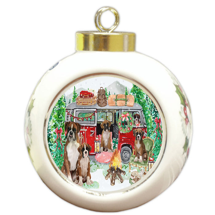 Christmas Time Camping with Boxer Dogs Round Ball Christmas Ornament Pet Decorative Hanging Ornaments for Christmas X-mas Tree Decorations - 3" Round Ceramic Ornament
