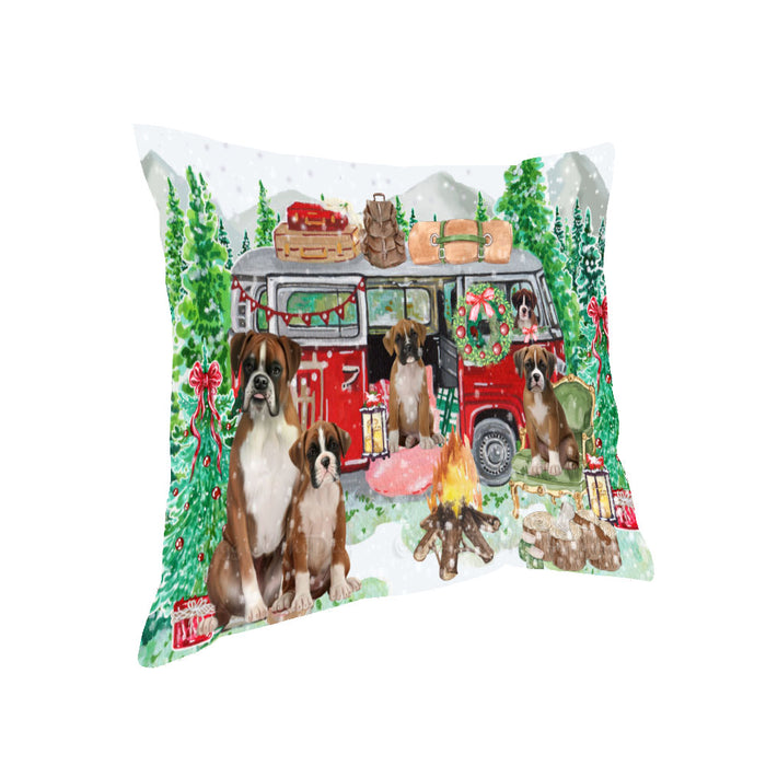 Christmas Time Camping with Boxer Dogs Pillow with Top Quality High-Resolution Images - Ultra Soft Pet Pillows for Sleeping - Reversible & Comfort - Ideal Gift for Dog Lover - Cushion for Sofa Couch Bed - 100% Polyester