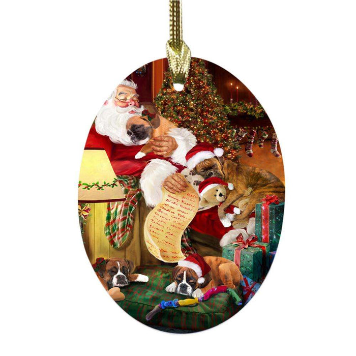Boxers Dog and Puppies Sleeping with Santa Oval Glass Christmas Ornament OGOR49258