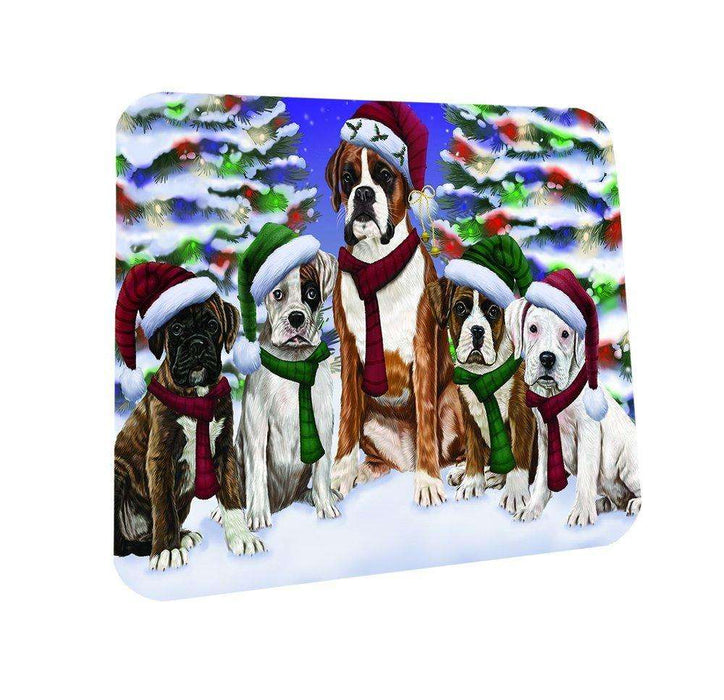 Boxers Dog Christmas Family Portrait in Holiday Scenic Background Coasters Set of 4