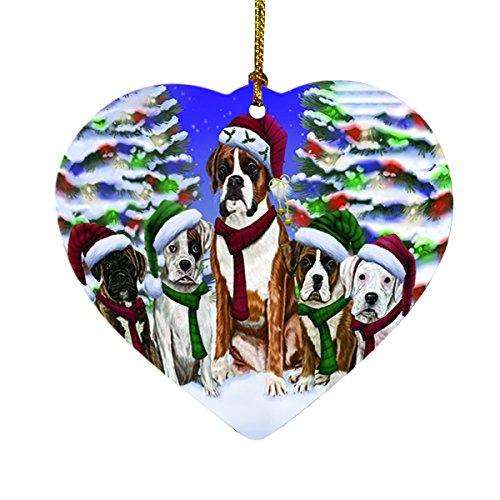 Boxers Dog Christmas Family Portrait in Holiday Scenic Background Heart Ornament D136