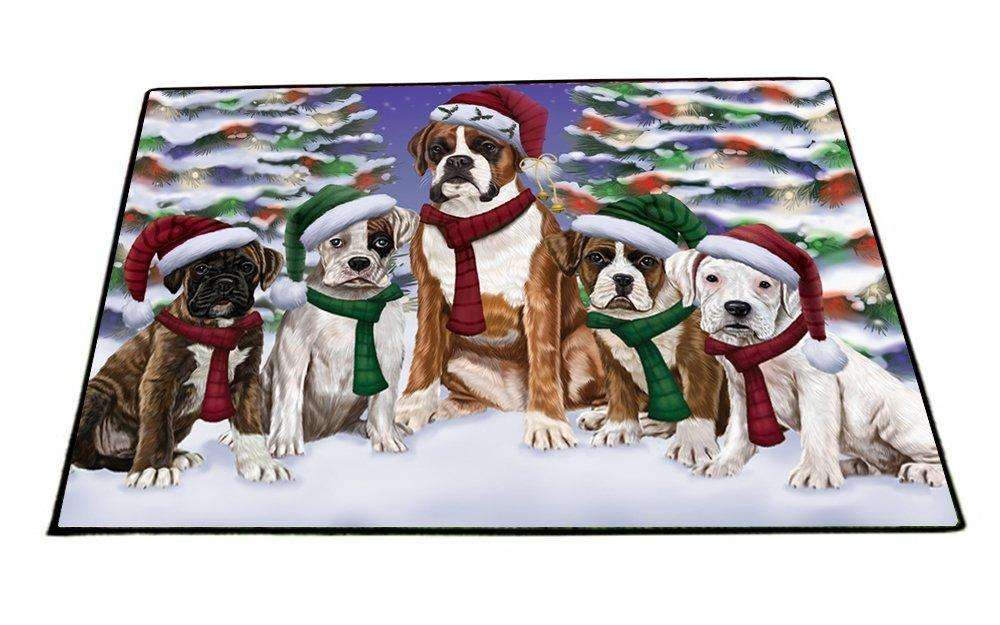 Boxers Dog Christmas Family Portrait in Holiday Scenic Background Indoor/Outdoor Floormat