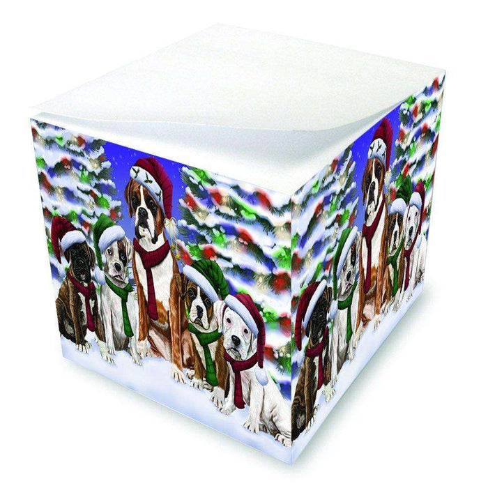 Boxers Dog Christmas Family Portrait in Holiday Scenic Background Note Cube D156