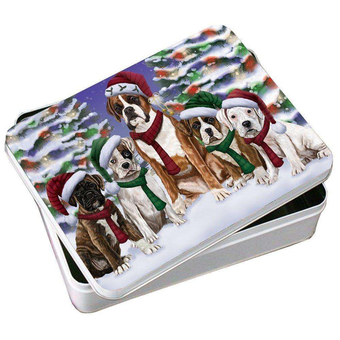 Boxers Dog Christmas Family Portrait in Holiday Scenic Background Photo Storage Tin