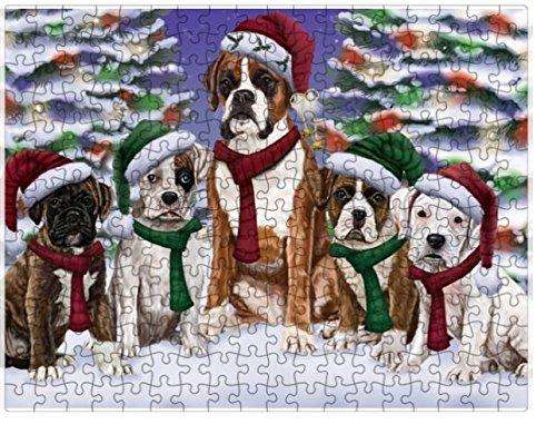 Boxers Dog Christmas Family Portrait in Holiday Scenic Background Puzzle with Photo Tin
