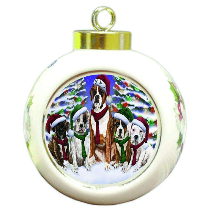 Boxers Dog Christmas Family Portrait in Holiday Scenic Background Round Ball Ornament D136