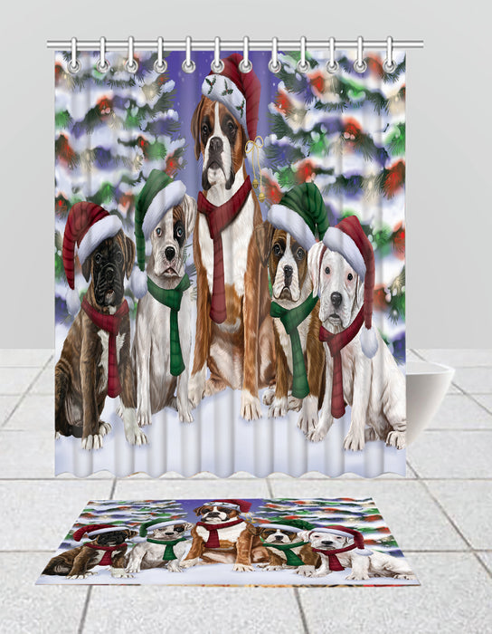 Boxer Dogs Christmas Family Portrait in Holiday Scenic Background  Bath Mat and Shower Curtain Combo