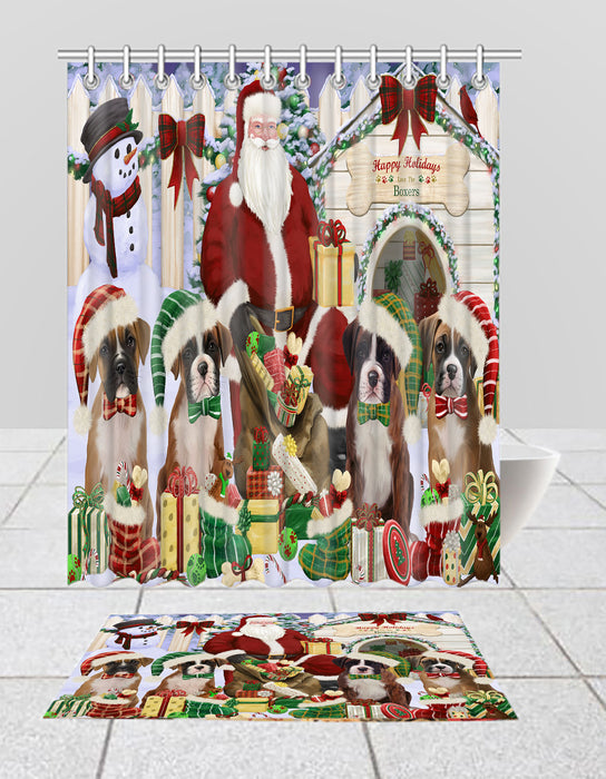 Happy Holidays Christmas Boxer Dogs House Gathering Bath Mat and Shower Curtain Combo