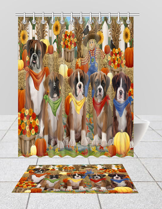 Fall Festive Harvest Time Gathering Boxer Dogs Bath Mat and Shower Curtain Combo