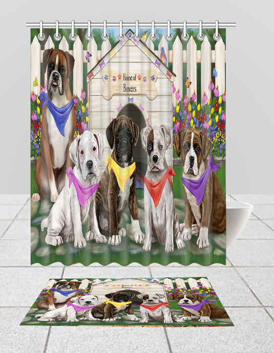 Spring Dog House Boxer Dogs Bath Mat and Shower Curtain Combo