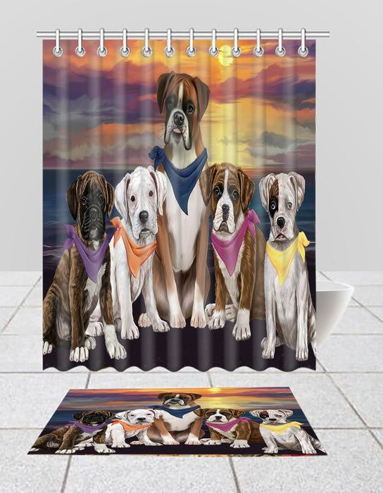 Family Sunset Portrait Boxer Dogs Bath Mat and Shower Curtain Combo