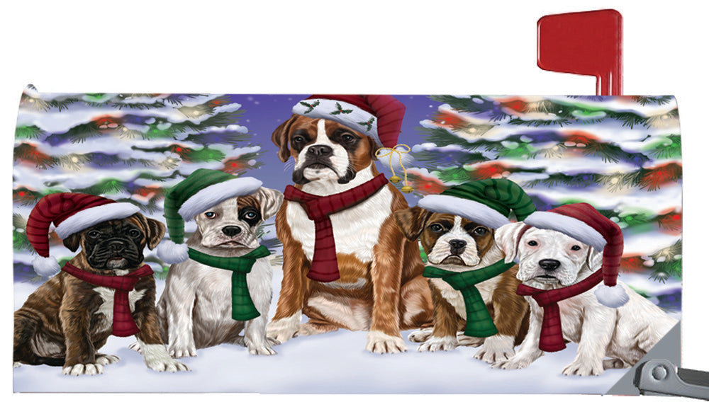 Magnetic Mailbox Cover Boxers Dog Christmas Family Portrait in Holiday Scenic Background MBC48207