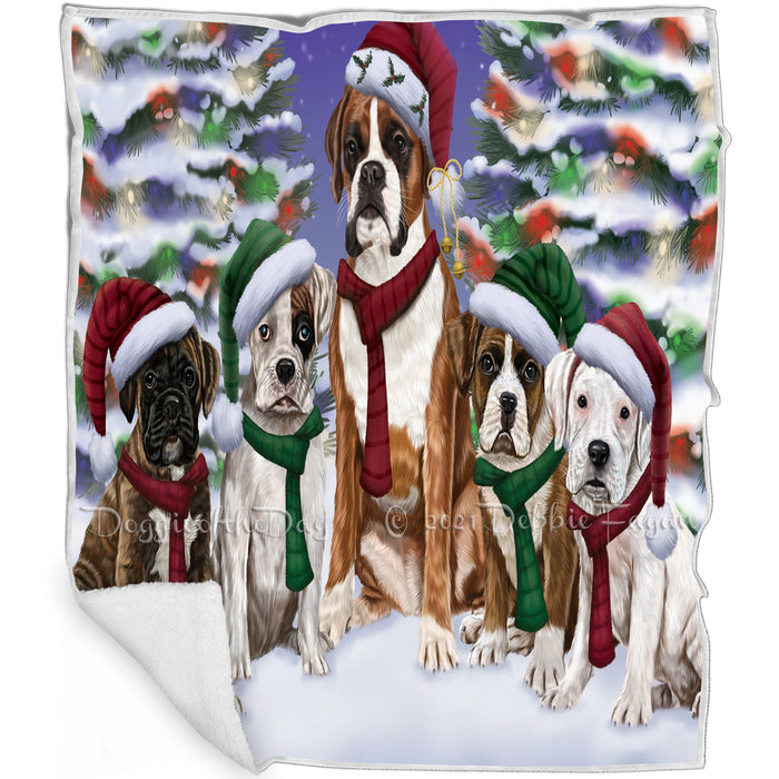 Boxers Dog Christmas Family Portrait in Holiday Scenic Background Art Portrait Print Woven Throw Sherpa Plush Fleece Blanket