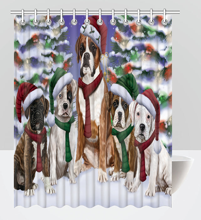 Boxer Dogs Christmas Family Portrait in Holiday Scenic Background Shower Curtain