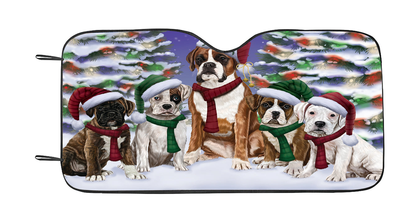 Boxer Dogs Christmas Family Portrait in Holiday Scenic Background Car Sun Shade