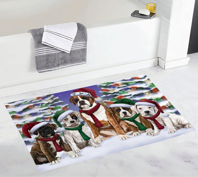 Boxer Dogs Christmas Family Portrait in Holiday Scenic Background Bath Mat