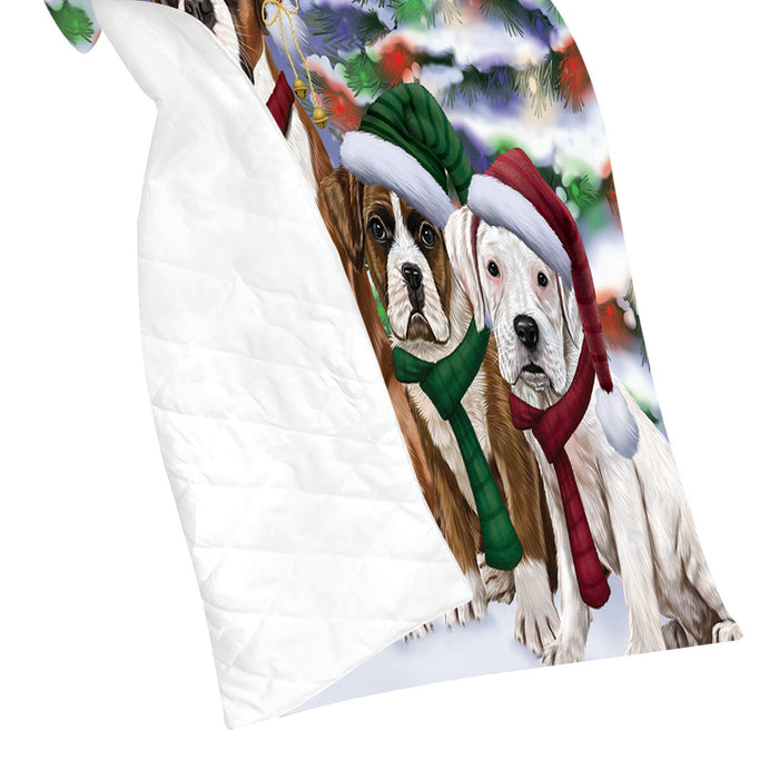 Boxer Dogs Christmas Family Portrait in Holiday Scenic Background Quilt