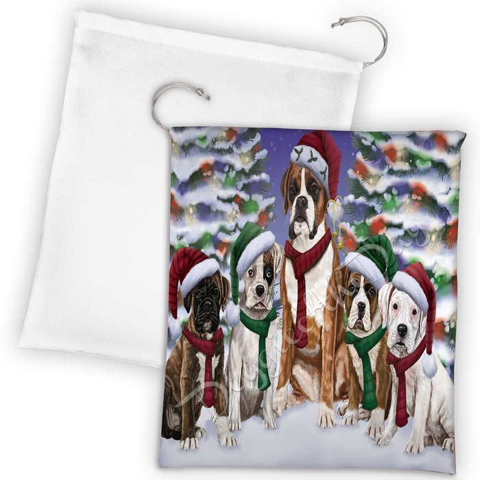 Boxer Dogs Christmas Family Portrait in Holiday Scenic Background Drawstring Laundry or Gift Bag LGB48124