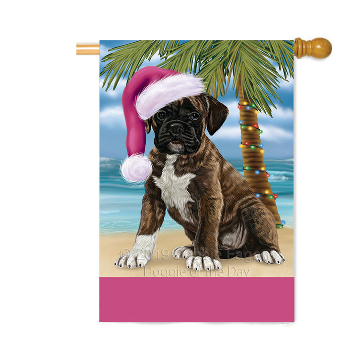 Personalized Summertime Happy Holidays Christmas Boxer Dog on Tropical Island Beach Custom House Flag FLG-DOTD-A60483