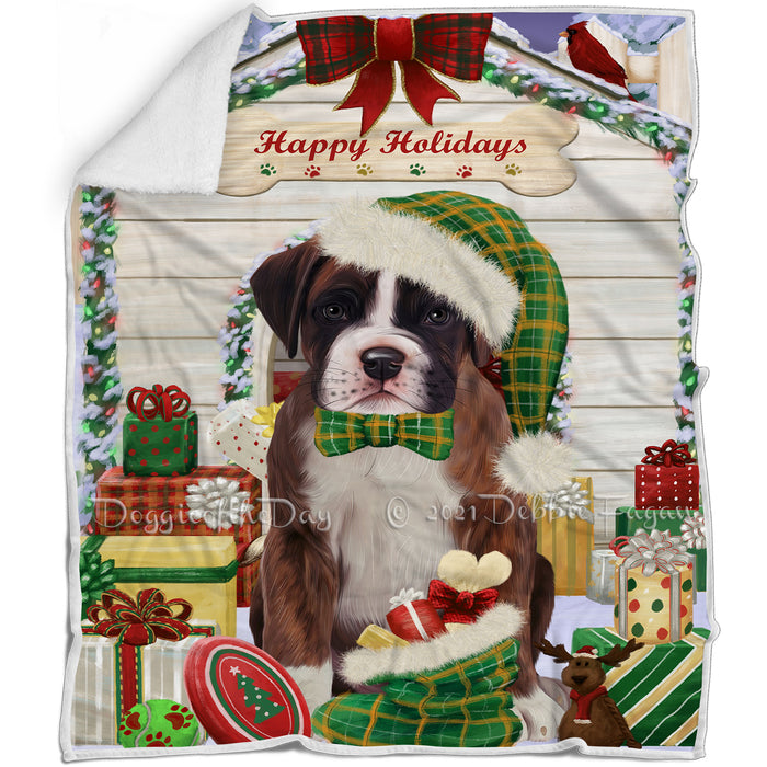 Happy Holidays Christmas Boxer Dog House with Presents Blanket BLNKT78285