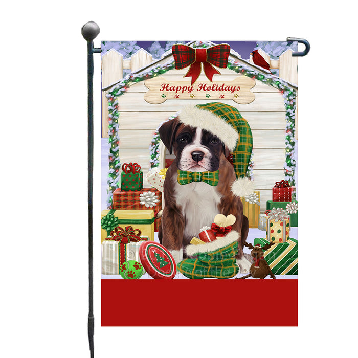 Personalized Happy Holidays Christmas Boxer Dog House with Presents Custom Garden Flags GFLG-DOTD-A59286
