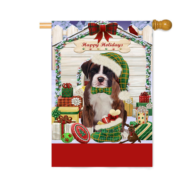 Personalized Happy Holidays Christmas Boxer Dog House with Presents Custom House Flag FLG-DOTD-A59342