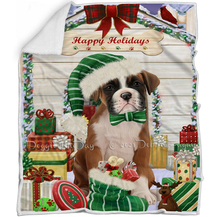 Happy Holidays Christmas Boxer Dog House with Presents Blanket BLNKT78294
