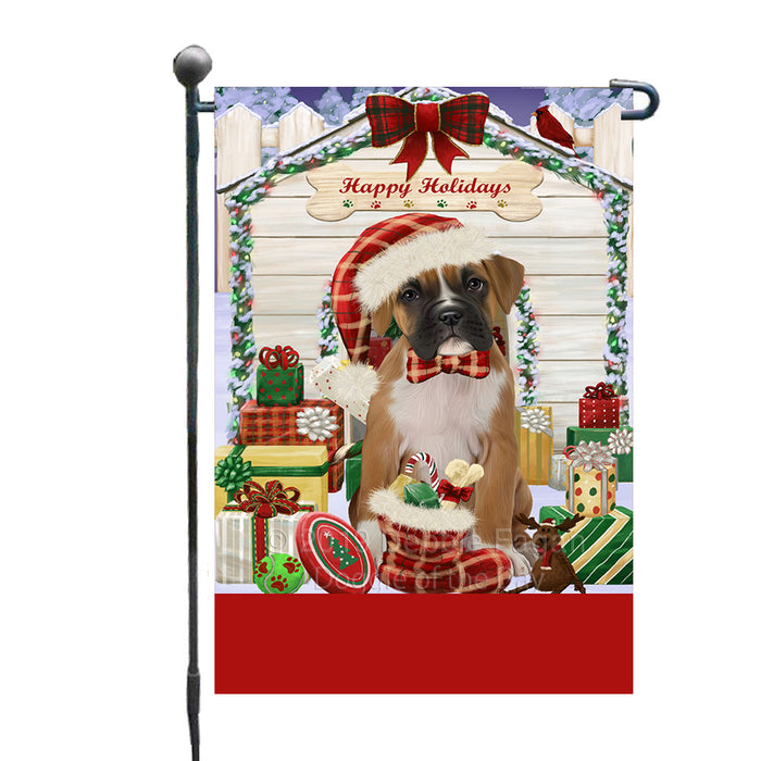 Personalized Happy Holidays Christmas Boxer Dog House with Presents Custom Garden Flags GFLG-DOTD-A59287