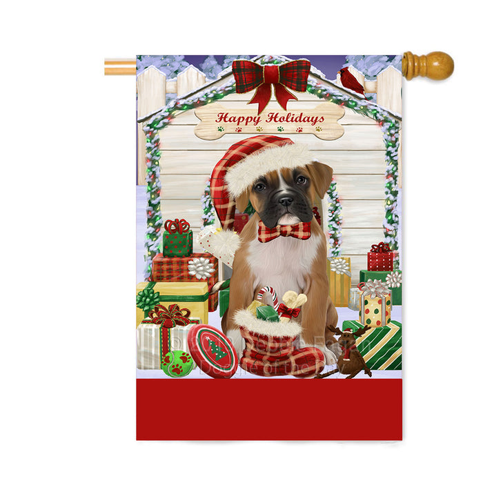 Personalized Happy Holidays Christmas Boxer Dog House with Presents Custom House Flag FLG-DOTD-A59343