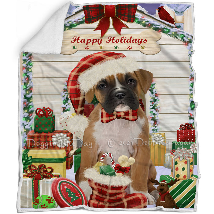 Happy Holidays Christmas Boxer Dog House with Presents Blanket BLNKT78303