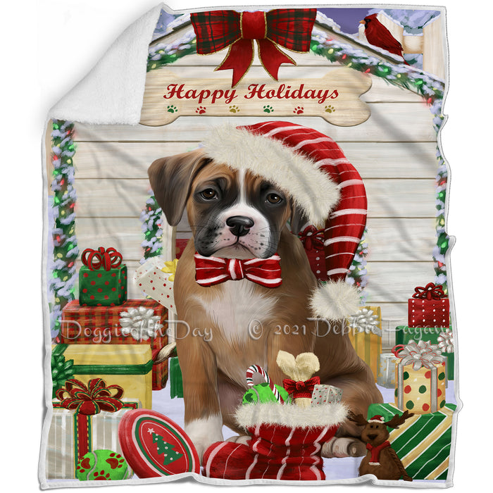 Happy Holidays Christmas Boxer Dog House with Presents Blanket BLNKT78312
