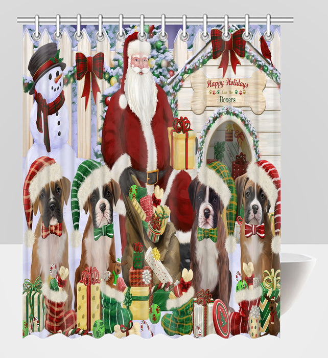 Happy Holidays Christmas Boxer Dogs House Gathering Shower Curtain