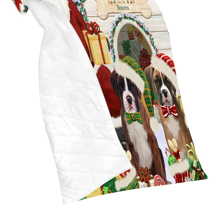 Happy Holidays Christmas Boxer Dogs House Gathering Quilt