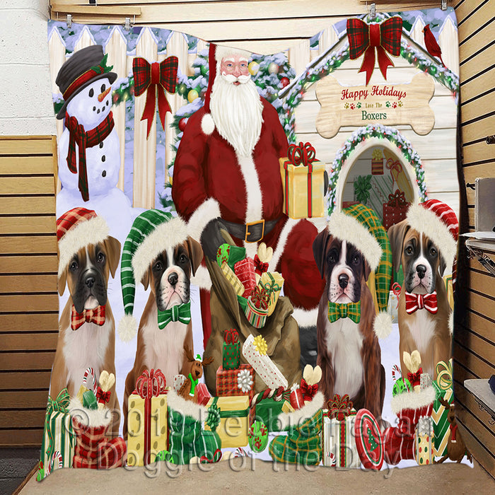 Happy Holidays Christmas Boxer Dogs House Gathering Quilt